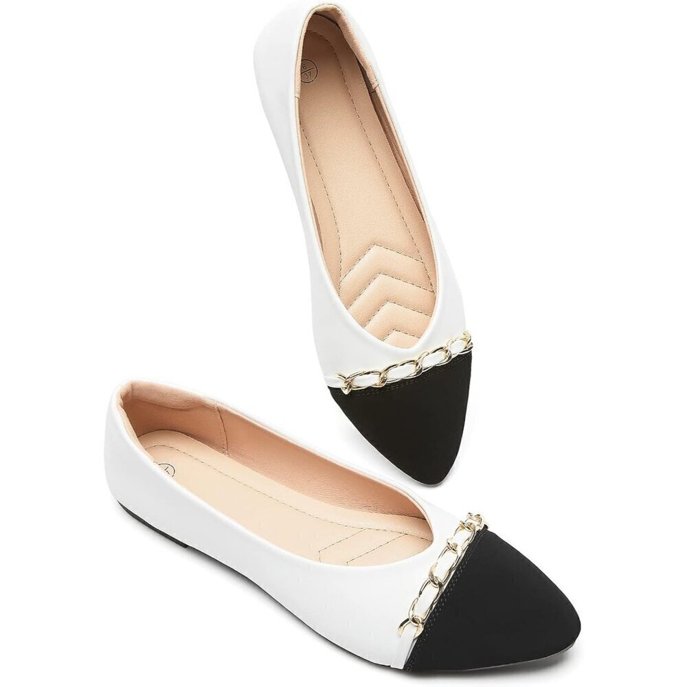 🆕Babudog Flat Shoes Women White Faux Leather Crimping  Suede Pointed-Toe Shoes